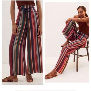 Anthropologie Farm Rio Striped Wide-Leg Pants Size Medium Rainbow Paperbag Linen